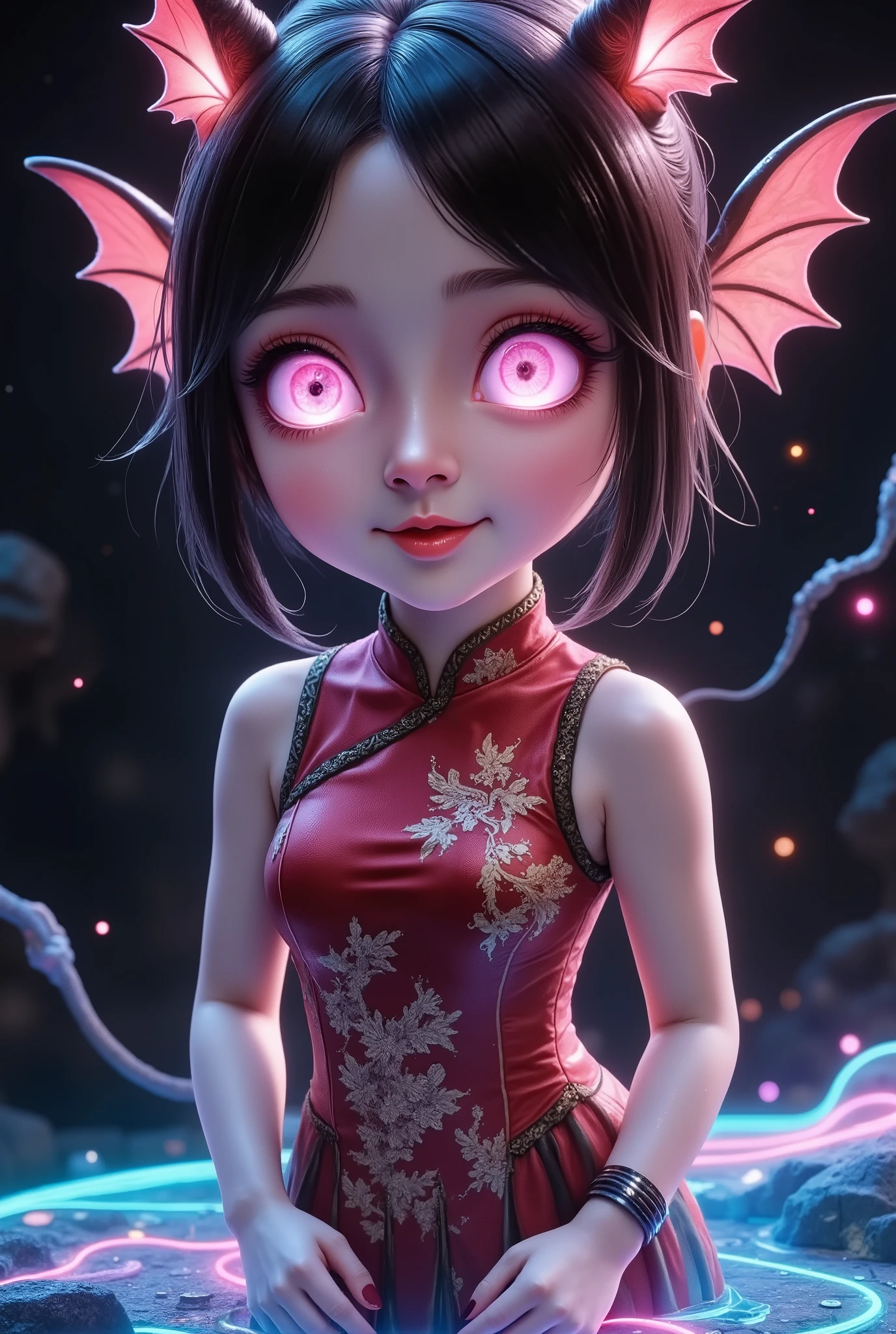 Illumination art,Eye-level shot of an adorable chibi anime demon girl, with large, sparkling eyes and a sweet, innocent smile directed straight at the viewer. Her porcelain-like skin is subtly cracked across her arms and torso, revealing faint, glowing energy lines beneath. She wears an intricately designed, dark red cheongsam with subtle golden embroidery. She stands casually on a cracked, glowing obsidian shard. Behind her, subtle, dark magical energy crackles ominously, and tiny, sharp fangs are just visible. Masterpiece, detailed, anime style, soft lighting on her face, dark fantasy background, cute yet terrifying, vibrant colors on her cheongsam,
