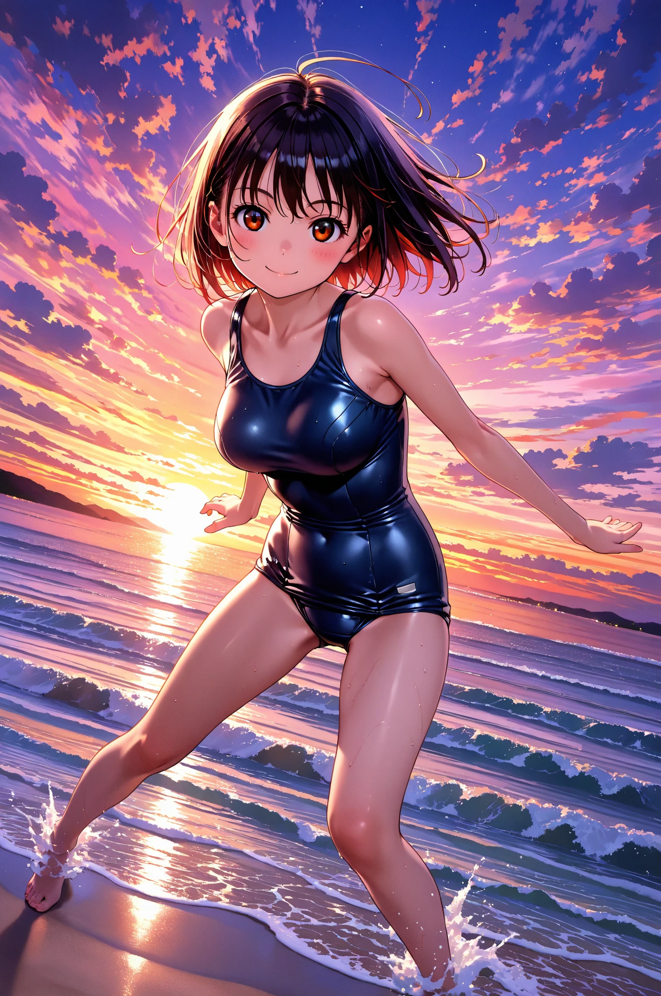 (8k, RAW Photos, Highest quality, masterpiece: 1.2), (Realistic, Realistic: 1.37), 1 person, Beach, School Swimsuit .50mm lens