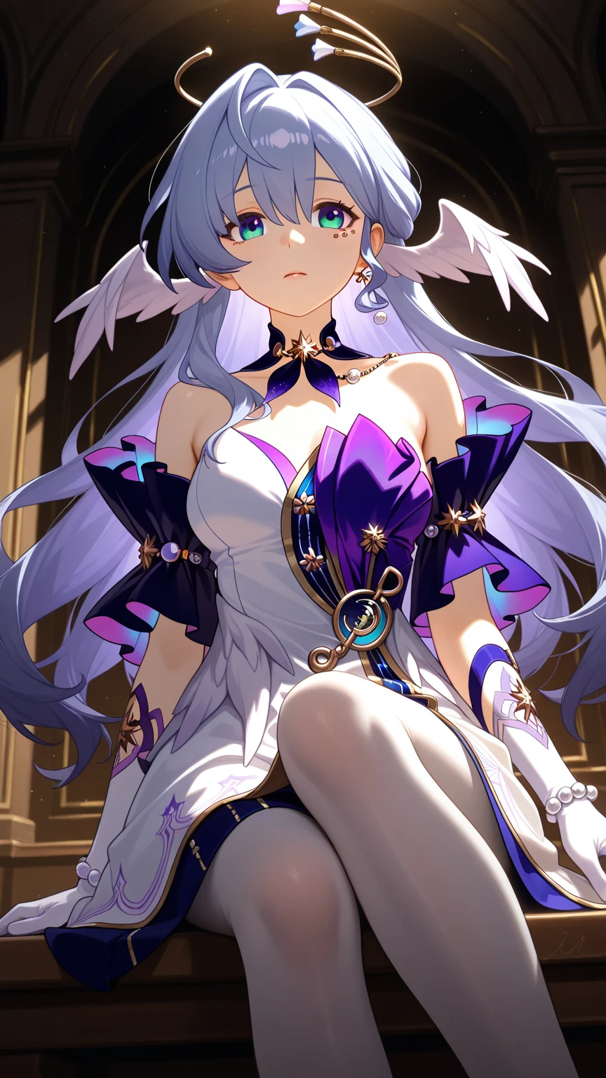 robin, 1girl, dress, solo, long hair, gloves, smile, , holding, bangs, white gloves, halo, purple dress, closed mouth, very long hair, elbow gloves, white dress, ,  shoulders, , hair intakes, looking at viewer, blue dress, armpits, detached sleeves, hair between eyes, strapless dress, standing, short sleeves