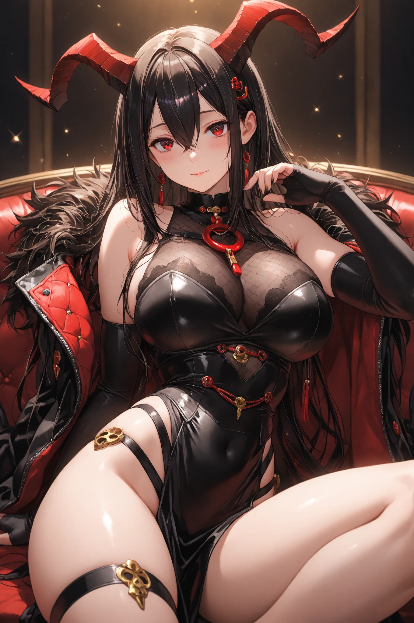 best quality, masterpiece, extremely detailed character, 1woman, long hair, yellow eyes, blunt bangs, solo, sharp focus, beautiful detailed eyes, masterpiece woman, mature, evil glare, adult, amco, cinematic lighting, warm light, black hair, extremely detailed character, witch hat, cabin background, white lace, semi-realistic anime painting, full body, mole under eye