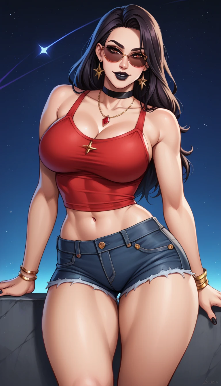 (best quality,masterpiece),superlative beautiful detailed face,age 30,adult woman with (gigantic breasts:1.6),In Harajuku shorts with (ill fit Harajuku pink T-shirt)(aerith gainsborough),(curvy),Decora Accessories,choker, cropped jacket,hair bow, bracelet,very long hair, hair ribbons and clips,cute and sexy,(Harajuku brown,red, and pink flower theme with flower effects), (((accurate anatomy))), (((Huge breasts))), ((long legs)), ((Female Bodybuilder)), ((((Muscular Legs)))), ((((Huge Muscles))))