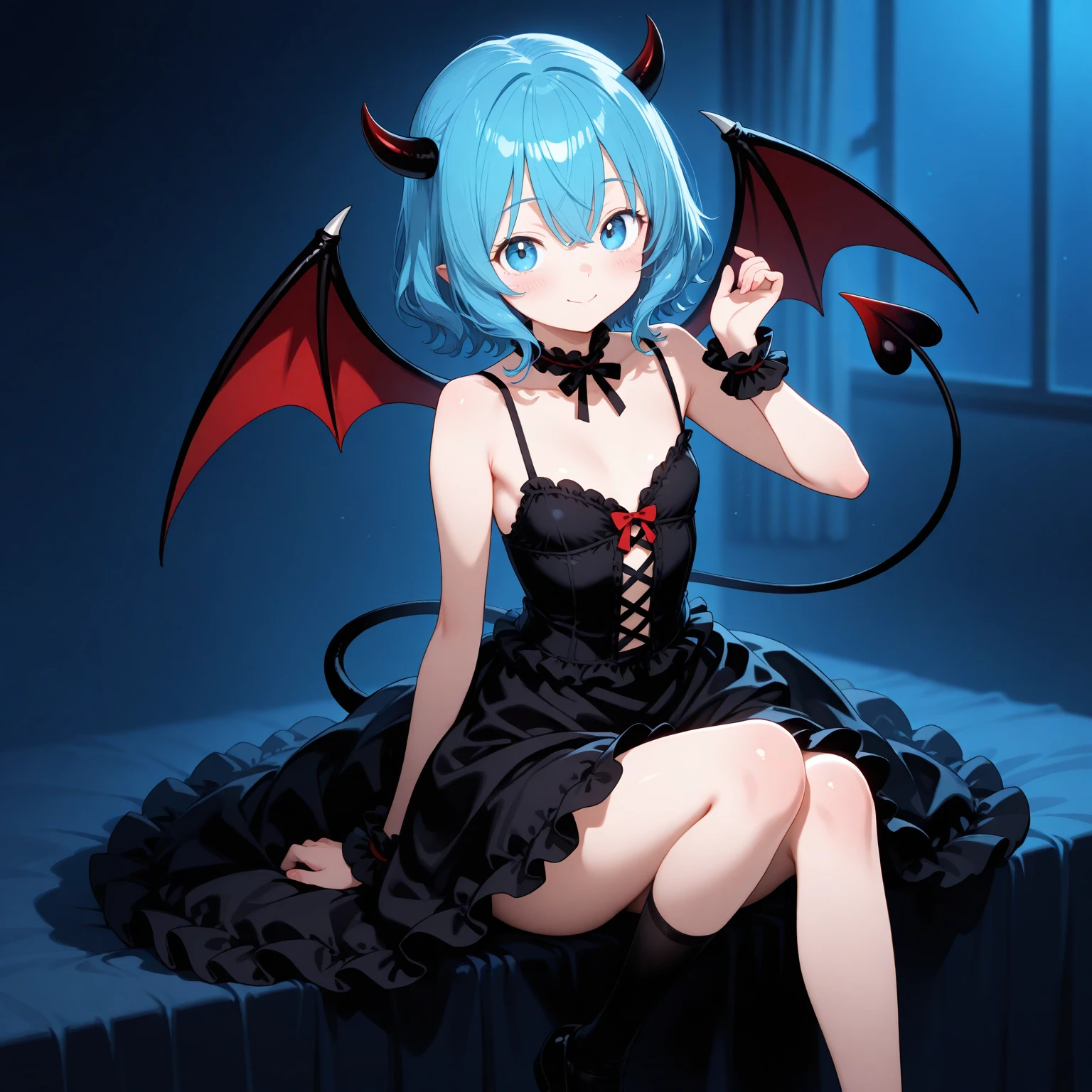 Remilia Scarlet, obscene pose, blue hair, obscene costume, Red eyes, wings, , evil smile, cinematic light, Black background, necklace, Domination, white stockings, gasped, Opening the leg, holding a skirt in his hands, You can see the underpants, choker on leg, full height
