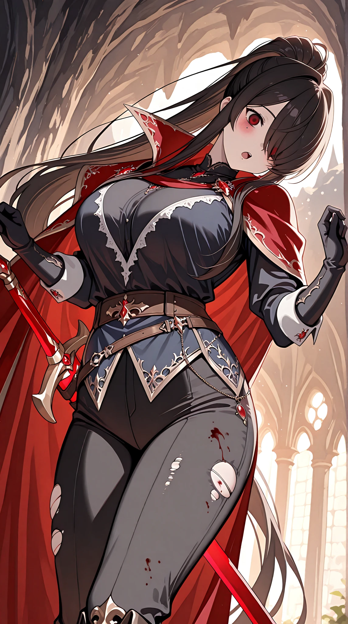 Meisterwerk), high resolution, (Extrem detailliert), fotorealistisch, 女の子1人, (((sehr langes, lockiges, kirschrotes Haar, seductive bright red eyes, largeeyes,  Augen, niedliches Gesicht, kleines Gesicht, Scharfes Gesicht, gorgeous eyes, Blutjung, big legs, dicke Beine:1.7, wahnsinnig schmale Taille:1.3, medium boobs:1.3, flush, (Extrem sexy, sexy, sexy, sexy, sexy, sexy)))), ((Glatte Haut, Weiche Haut, Pralle Haut, Tight Red Knight's Armor, leotard, bare legs, belt, corset, weapon, angry)