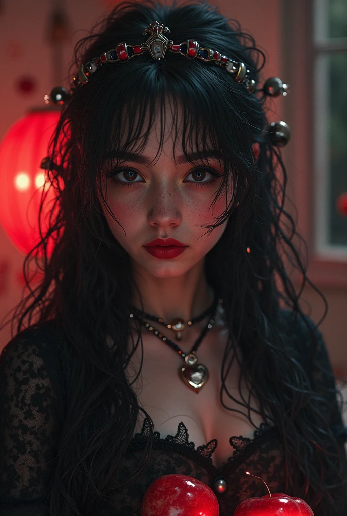 Masterpiece, Best quality, gif,1 girl, Solo, Natural skin texture, Realistic black eyes and facial details :5),(Dark :1. 4), Deep shadows, Extremely detailed beauty, Detailed eyes and face, sharp black eyes, Red lipstick, No black eyeliner, Detailed Gothic costumes, pony tails, Black hair, nikon d850 film, Surreal, Authentic textures, Dramatic, lighting, illusory engine, (facial clarity :1). 5), (Transparent clothes :1); 1) Gothic style, Black lace, tattoo. Japanese girl with more or less long black hair with bangs and red highlights, e sexy, Lady,Red hair,dress,beautiful,anime,tattoo, face portrait, close up, big beautiful detailed eyes, ulzzang, art nouveau, candy, sweets, tattoo background pattern, tapestry, backlit, neon palette, red eyes, 
