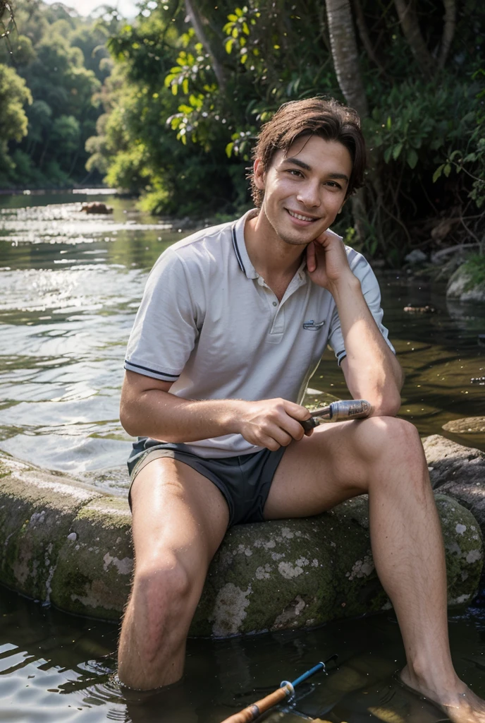 young cute handsome nice beautiful white face soft skin skinny short hair naked penis in a swamp of fish Martin the fisherman in a canoe transparent pants