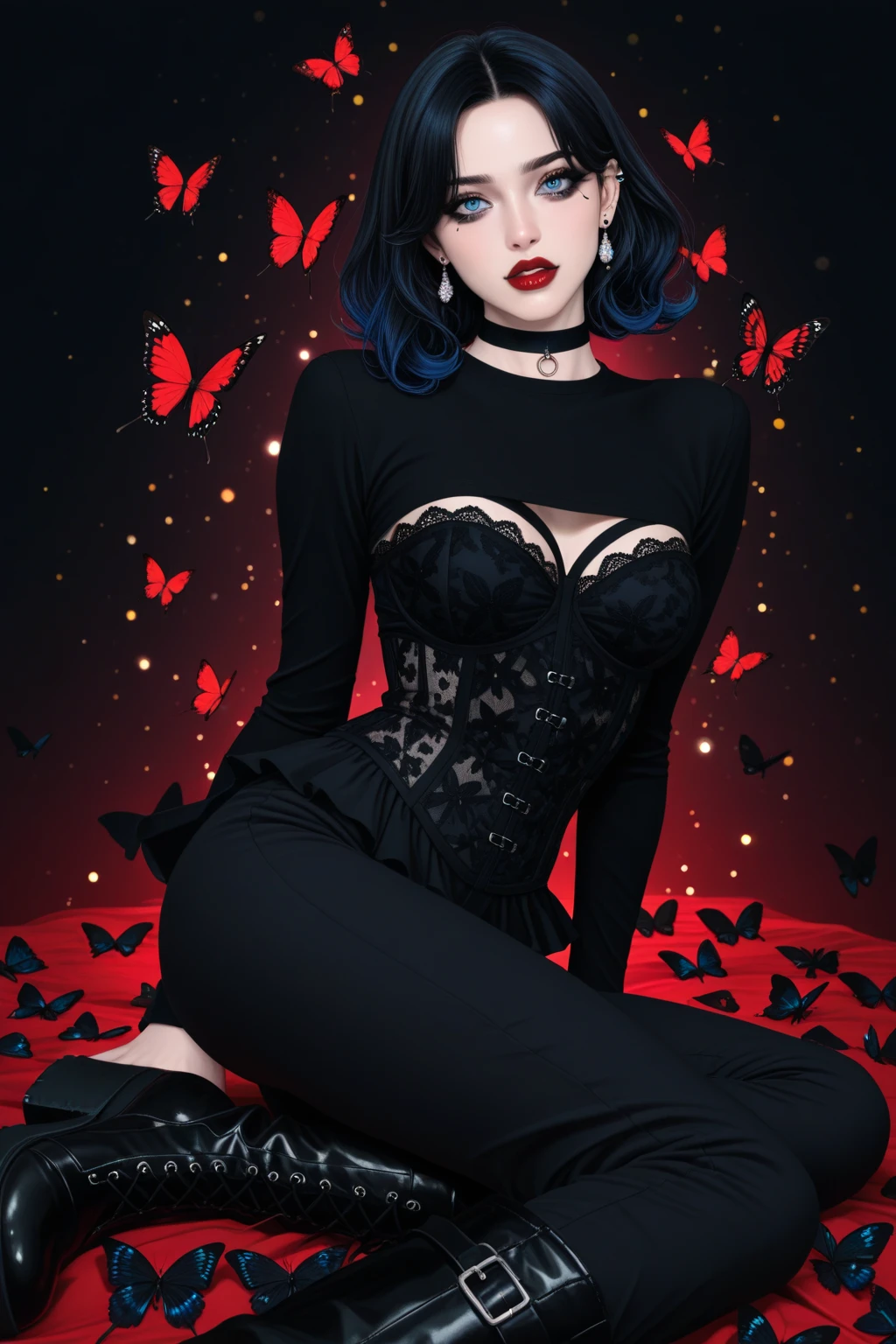 Two-dimensional style，cabelos preto e longos，red color eyes，Wearing a strapless Lolita gothic black and red skirt，There are butterfly elements on the body，Holding a huge, cool and exquisite sickle，exquisite facial features，beautidful eyes，A high resolution，multi-detail