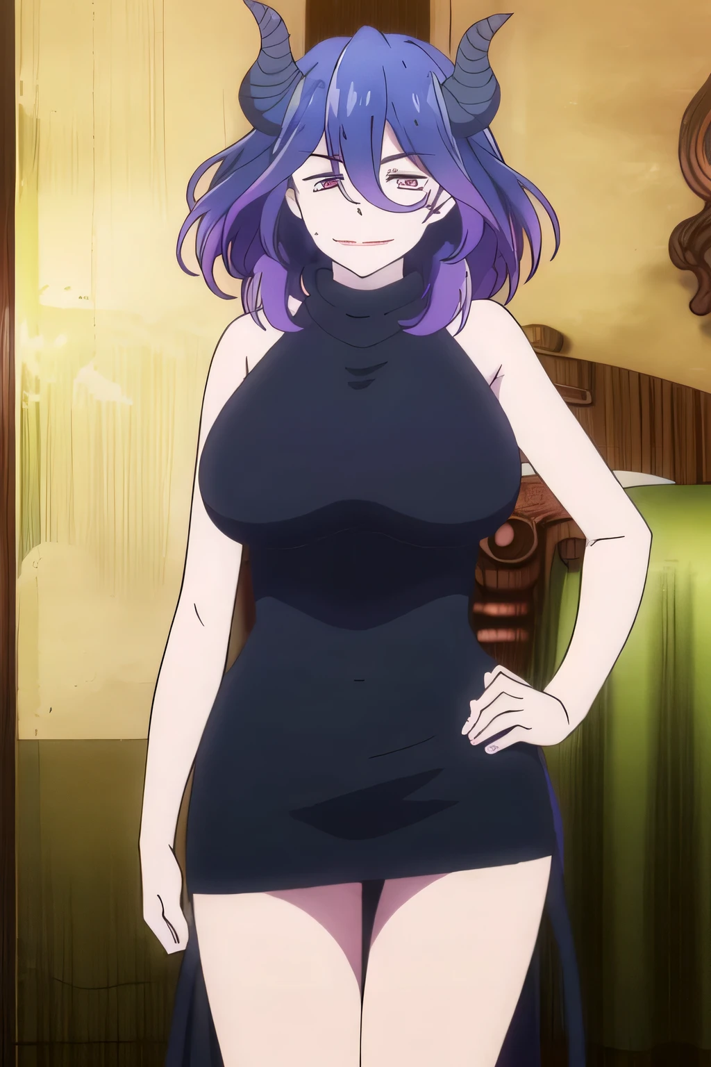 Can you draw a child's little devil，Smile Yang，Naughty woman，不気味なSmile Yang，can you draw the devil's laughing face，dark haired，Horned Woman，expression is a top priority, So、breasts are hidden by sleeveless clothes，Little Devil,Can you draw a picture of the devil,mischievous women     ，only， ,（depicts a more delicate expression），（black underwear），expression is a top priority, So、grimace，can you accurately describe her hands and feet，、 ,    Attractive 20 Year Old Woman      ,         , ,   big breasts, thin waist ，beautiful legs，big boobs , sleeveless dress miniskirt clothes，  ，