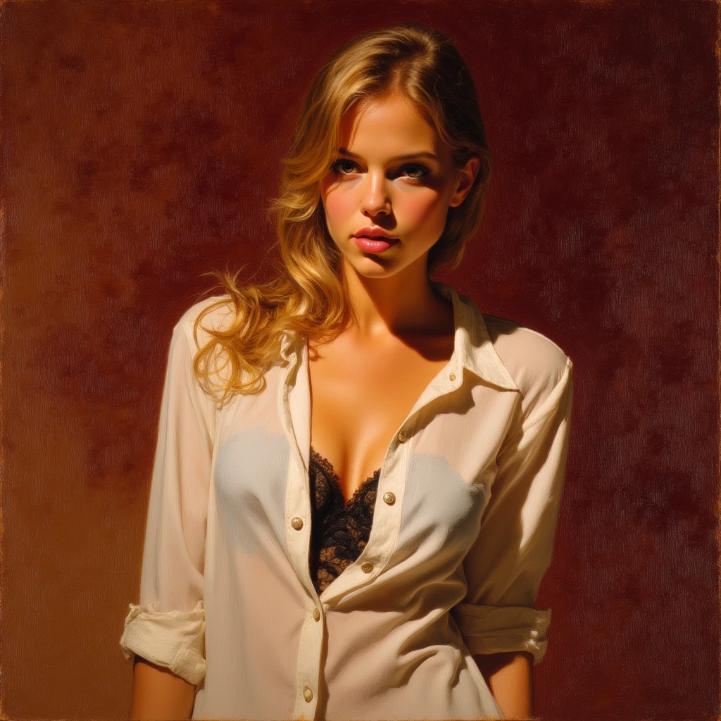 very sexy girl, blonde with long hair, small breasts, wearing a very tight white tank top, marked nipples, panties, stockings, very sexy, in bed, looking at us provocatively, eroticism, sexy, black and white image, between shadows, oil painting, chiaroscuro, sensual, spectacular lighting, moody atmosphere, photorealistic, intricate details, masterpiece, ultra-detailed, high quality, 8k, best quality, realistic, cinematic, dark and brooding, expressionist, powerful composition, emotional impact, art inspired by Bill Sienkiewicz
