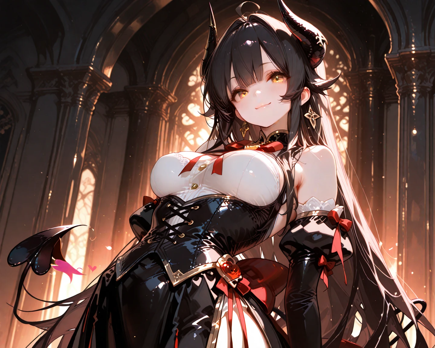 Three Succubuses 、Harem , Black Horn,  Different hair lengths, Cleavage, sexy, Dark Skin, Big Breasts, Thick thighs, Multiple women, Behind them is a luxurious red room、Provocative smile.sexyな下着、Lace Underwear、transformation、Lewd、Half Top Bra、sexyなショーツ