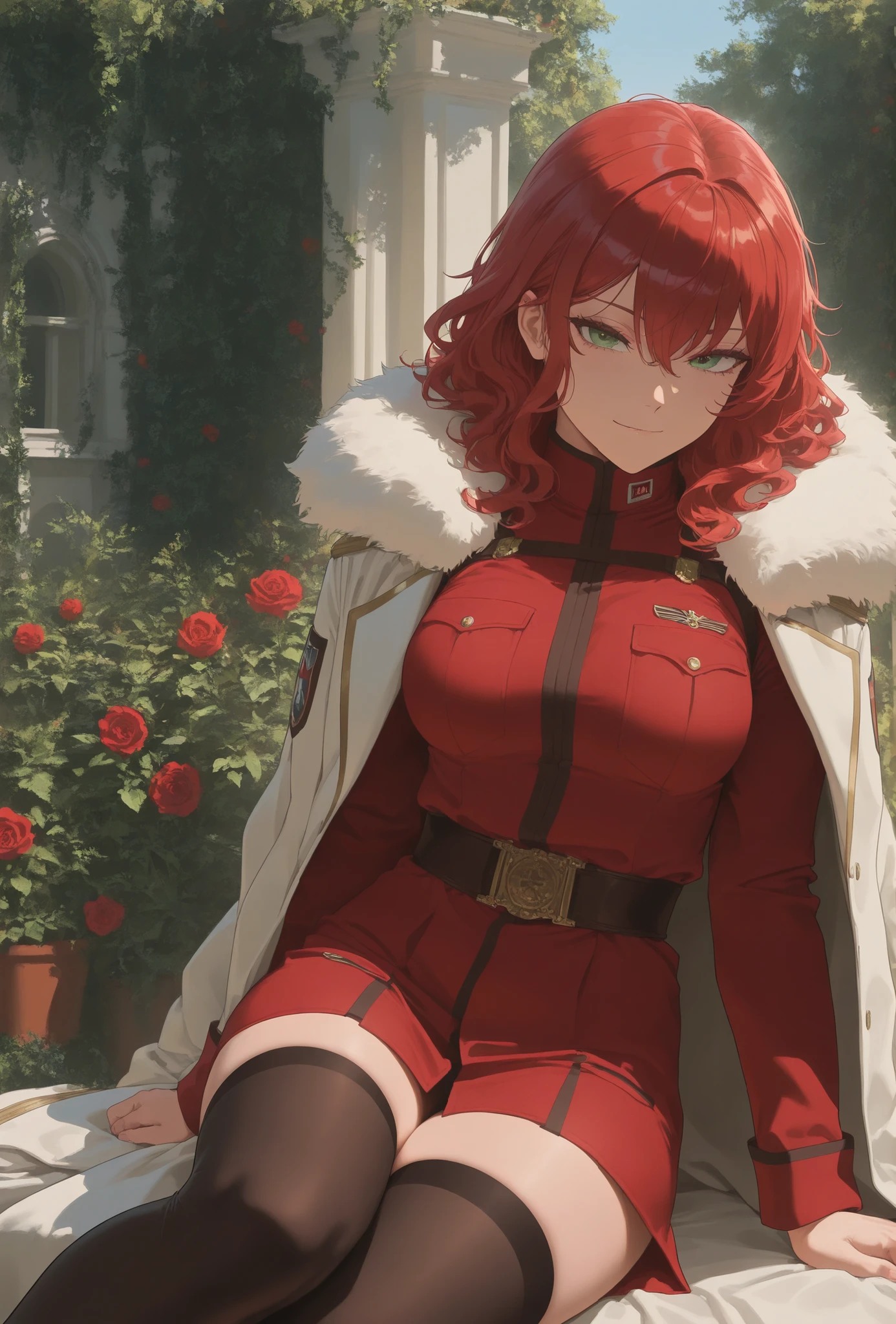 green eyes, red hair, arrogant smile, sitting, masterpiece, best quality, wavy hair, looking at viewer, expressionless, , thighhighs, brillant eyes, dark and red clothes, militar uniform, coat with fur, greek garden background, perfect body, greek garden, devola,