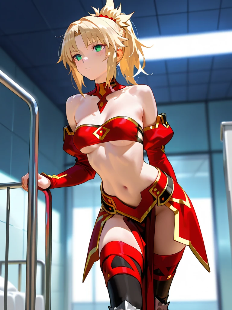 Masterpiece, Best Quality, illustration, city, 1girl, Mordred \(fate\), collarbone, Detailed blond hair ponytail braid, green eyes,,navel,thigh-high, covered_pussy,skiny,long_sword,apart_legs,dangerousbeast,elbow_gloves,
,wolf_tail,wolf_ears,fang,happy,shy,confuse_smile,spread_legs,claw_pose,armpits,open_mouth,angry,squat,bikini_bottoms