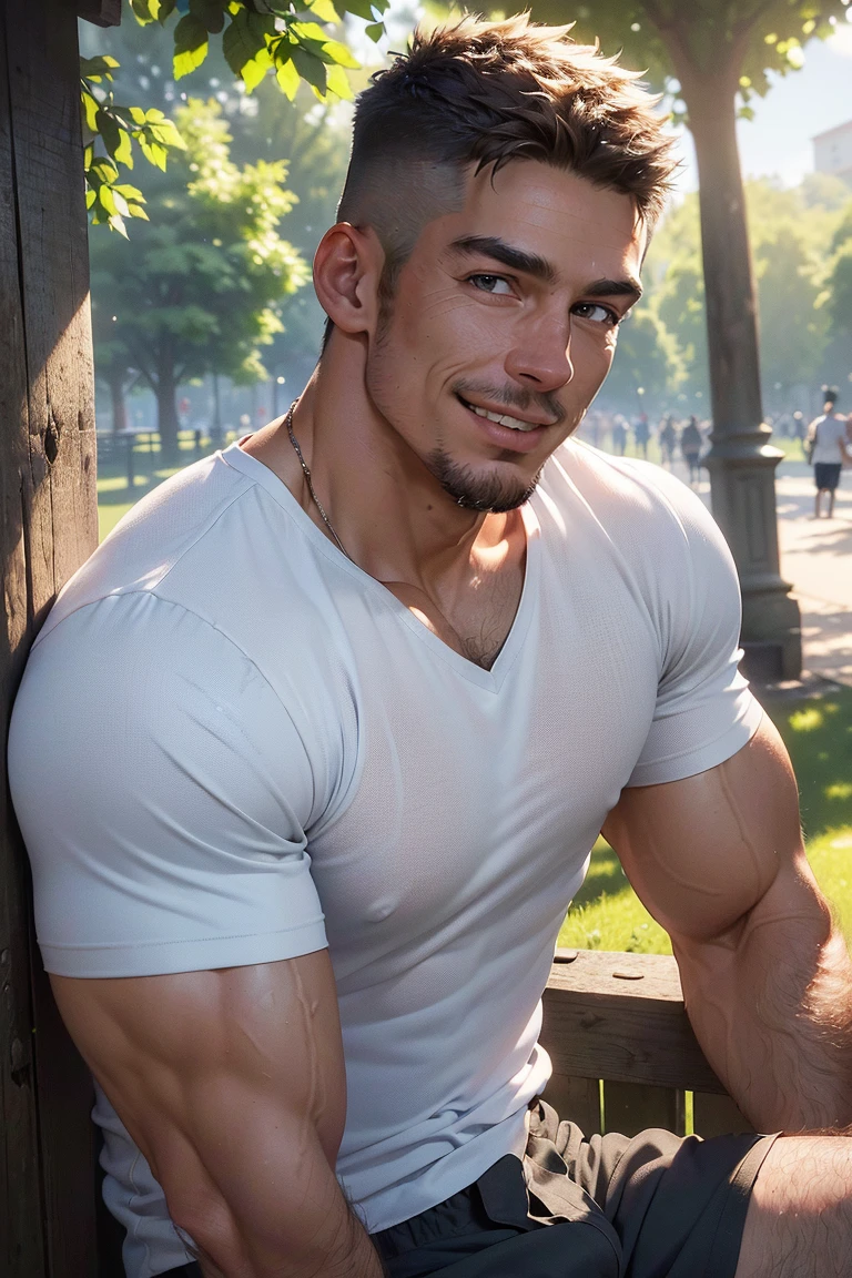 "(Shirtless:1.3), extremely handsome, (well-defined build:1.2),(29 years old:0.9), (muscular body:1.2),confident, laying on grass in the beautiful gardens of France, (natural lighting:1.2), (smiling:1.1) showing off his cleft chin." --auto --s2