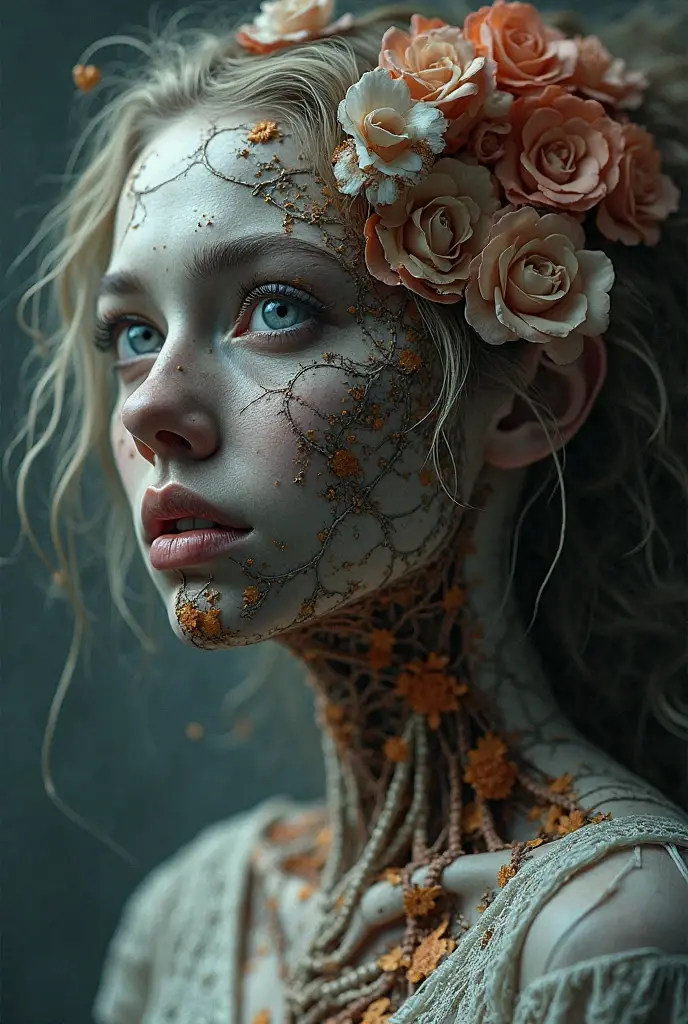 A girl in a twisted, dark fantasy scene, delicate flower buds sprouting from her skin, intricate rope bondage restraining her, beautiful detailed eyes, beautiful detailed lips, extremely detailed face, long eyelashes, dreamlike, dramatic lighting, cinematic composition, moody color palette, dark romantic, (best quality,8k,highres,masterpiece:1.2),ultra-detailed,(realistic,photorealistic,photo-realistic:1.37),dark fantasy,surreal,conceptual