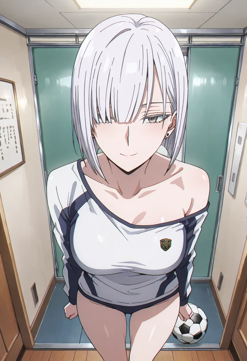 (long hair, silver hair:1.3), purple eyes, hair ornament, pale skin, curvy, anatomically correct, heavy breathing, small breasts, mature female, muscular female, anime - style image of a woman in a black top and white pants, gapmoe yandere, rogue anime girl ayanami rei, makoto kano, kaneki ken, anime character; full body art, rei ayanami, smooth anime cg art, artoria pendragon, yandere, ken kaneki, asuka suit under clothes!, (shaded face:1.2), hollow eyes, facing viewer, purple eyes, bright pupils, smirk, lips, upper teeth, glaring eyes,