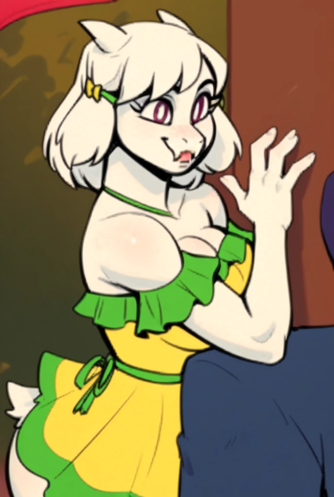 (noelle, furry female anthro, blonde hair, deer girl, red deer nose, white eyes, white pupils, green party dress, big breasts, absolute cleavage), hands on hips, wide hips, green neon city, smiling, blushing