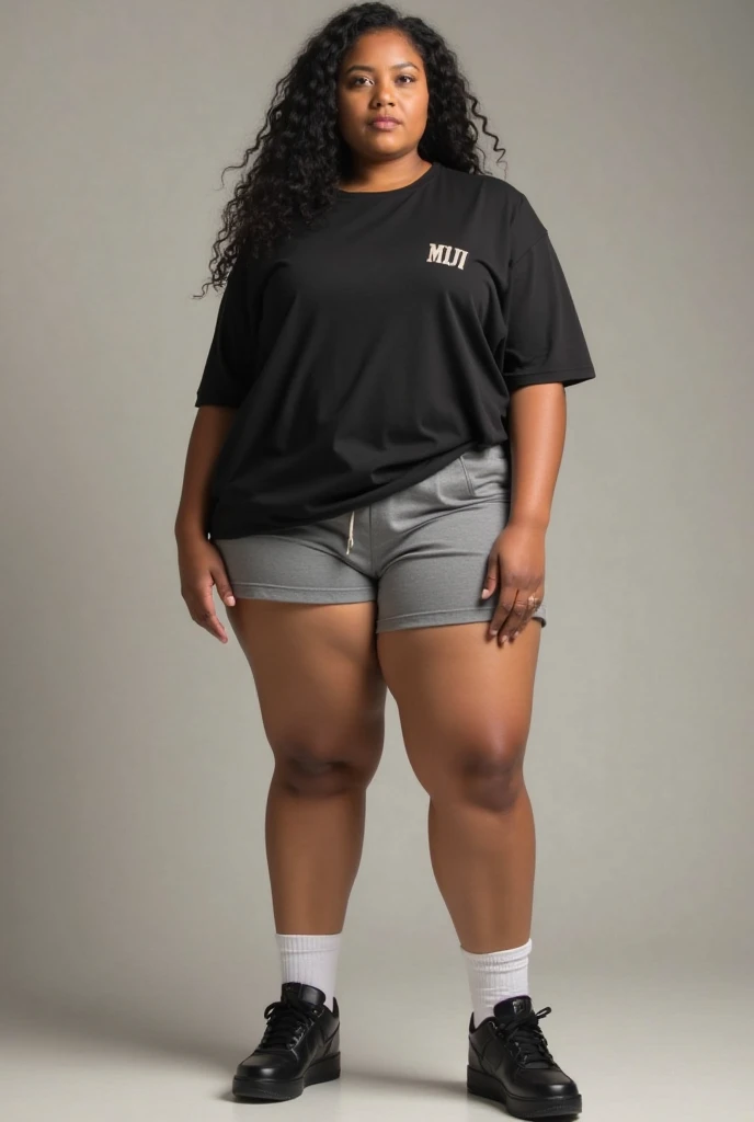 "Create a super realistic image of a brown Brazilian girl, of dress, blackquality hair, and sneakers in black colors with a hot body and thick legs and thick arms with the entire body visible. On the streets of São Paulo."