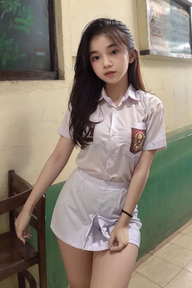 ((Best quality, Masterpiece, 8K)), 17 years old Indonesian girl. Wear Indonesian high . White shirt, gray skirt. Black belt. Beauty, half layered hair. Sitting on the chair of classroom, flirty pose. Open legs apart. Smile. Full body. White panties. Visible panties. View from bottom, low angel, angle from bottom.