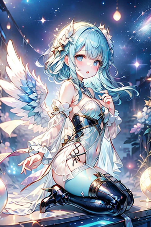 Create an ultra-high-definition (8K) image of a beautiful anime girl with pink and blue hair lying on a bed. She has large blue eyes, delicate facial features, and a soft, inviting expression. Her hair cascades around her, glistening as if wet. She wears a revealing, slightly wet white and blue outfit with frills, accentuating her voluptuous figure. Angel wings sprout from her back, adding a celestial aura. She's chained, with the chain looped around her neck, giving a sense of vulnerability. The setting is a sunlit, tranquil outdoor scene with lush greenery and ancient pillars in the background, creating a serene and slightly mysterious atmosphere. The image should be highly detailed, capturing the play of light and shadow on her skin, the intricate design of her outfit, and the texture of her wings. Aim for a realistic yet fantastical style, emphasizing both her beauty and the enchanting environment.