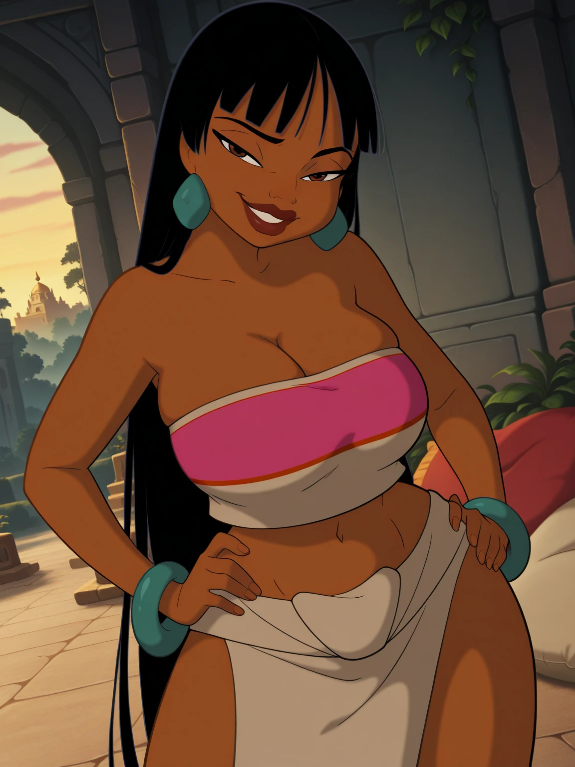 Masterpiece, best quality, Masterpiece, best quality, 1 woman, Tanned skin , long black hair , sly face , purple bikini , big breasts , abdomen , Put your hands on your hips. , alley , at night