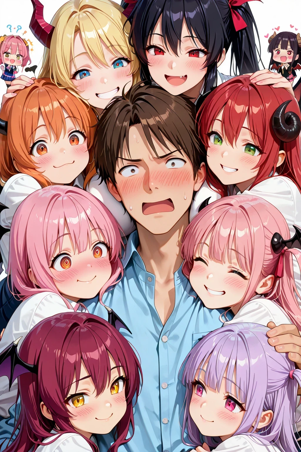1boy, shirt of chest, awkward smile, blushing cheeks, overwhelmed expression, group hug, 6+girls, chibi demon girls, girl's hand, devil wing on girl's head:1.2, each different faces, masterpiece, best quality