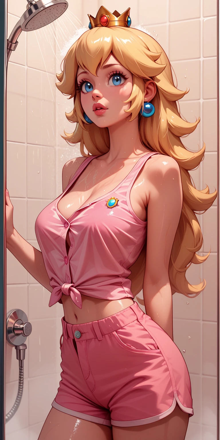 score_9, score_8_up, score_7_up, source_anime, solo, 1girl, dragon ball, bulma, blush, shy, looking at viewer, arms behind back, blonde hair, hair over one eye, blue eyes, pink latex mini bikini, string thong, bimbo, bimbofication, bimbo girl, bimbo clothes, bimbo clothing, bimbo makeup, bimbo lips