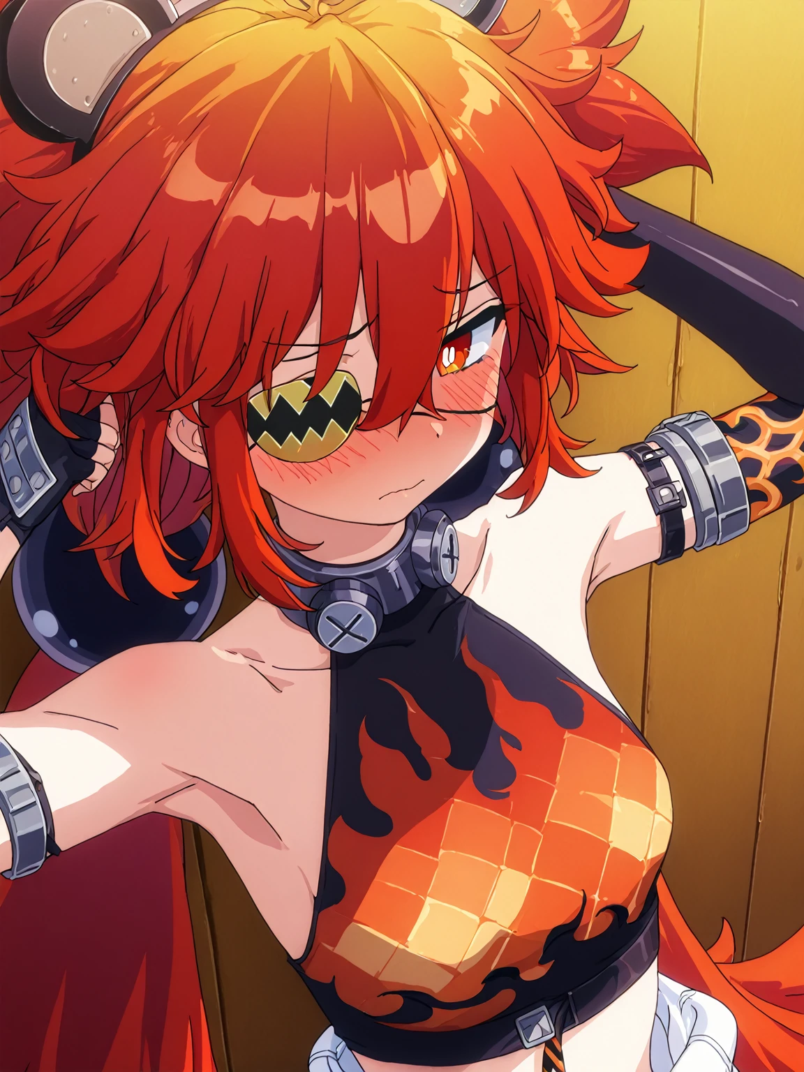 1girl, sarada, koleda belobog, red eyes, bright pupils, long hair, red hair, ahoge, expressive, twintail, low twintail, hair between eyes, messy hair, fake animal ears, bear ears,
fingerless gloves, flame theme, asymmetrical gloves, one hand sleeves, elbow gloves, sleeveless shirt, eyepatch, one eye covered, eyepatch,  midriff,  shoulders, black gloves, flame print, crop top
arms raised, armpits, looking to the right, shy, blushing, fixing hair,
anime screencap, masterpiece, best quality, amazing quality, <lora:koleda-belobog-ponyxl-lora-nochekaiser:1>