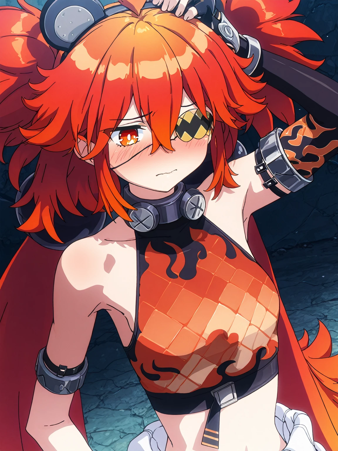 1girl, sarada, koleda belobog, red eyes, bright pupils, long hair, red hair, ahoge, expressive, twintail, low twintail, hair between eyes, messy hair, fake animal ears, bear ears,
fingerless gloves, flame theme, asymmetrical gloves, one hand sleeves, elbow gloves, sleeveless shirt, eyepatch, one eye covered, eyepatch,  midriff,  shoulders, black gloves, flame print, crop top
arms raised, armpits, looking to the right, shy, blushing, fixing hair,
anime screencap, masterpiece, best quality, amazing quality, <lora:koleda-belobog-ponyxl-lora-nochekaiser:1>