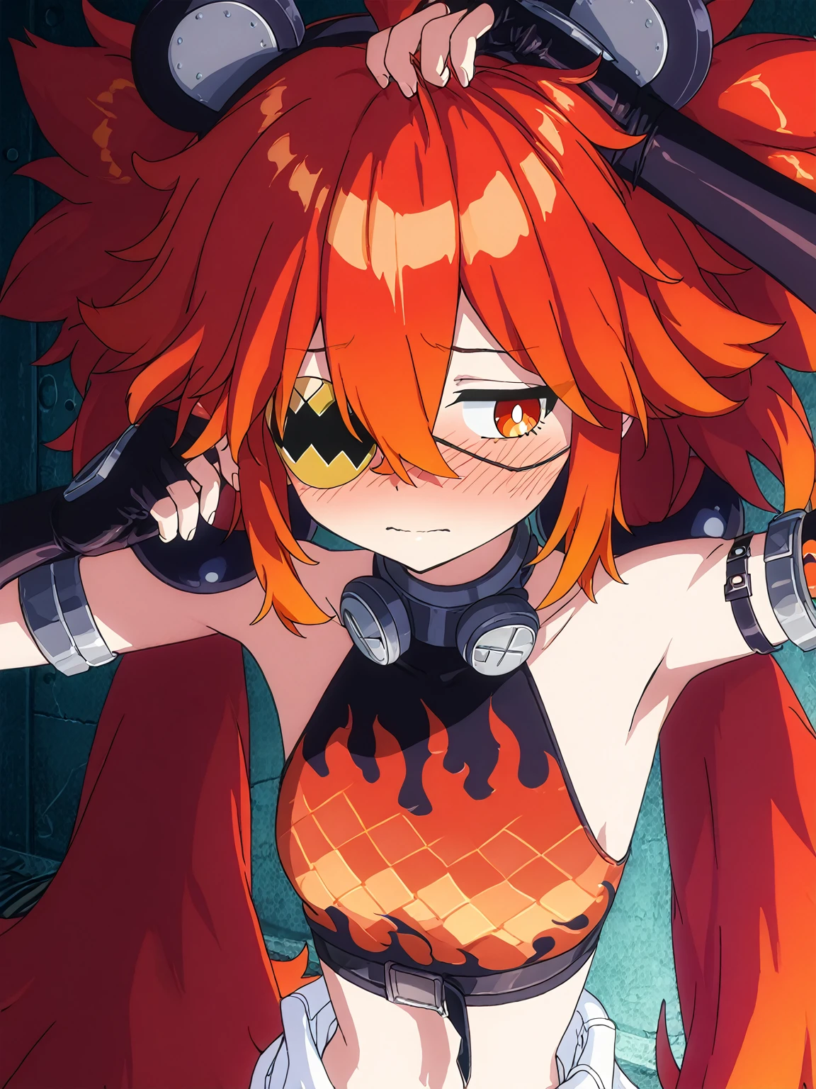 1girl, sarada, koleda belobog, red eyes, bright pupils, long hair, red hair, ahoge, expressive, twintail, low twintail, hair between eyes, messy hair, fake animal ears, bear ears,
fingerless gloves, flame theme, asymmetrical gloves, one hand sleeves, elbow gloves, sleeveless shirt, eyepatch, one eye covered, eyepatch,  midriff,  shoulders, black gloves, flame print, crop top
arms raised, armpits, looking to the right, shy, blushing, fixing hair,
anime screencap, masterpiece, best quality, amazing quality, <lora:koleda-belobog-ponyxl-lora-nochekaiser:1>