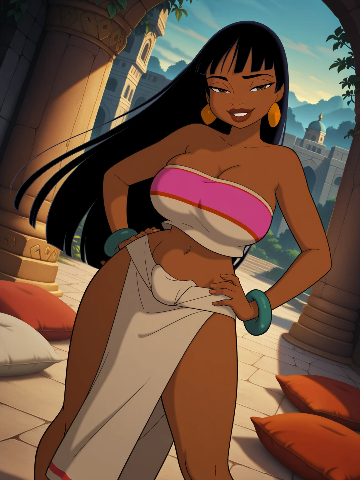 Steven universe environement, houses, cozy town, cityscape, Garnet visible in distance, beautful night sunset sky, view from a bedroom window, beautiful woman standing by window withfacing viewer wearing high waist thong and short silk robe, bare shoulders, long black hair in creative styles, juicy thighs, round buttocks, 26 years old, brown eyes, choker, tan skin, surprised candid look, doe eyes