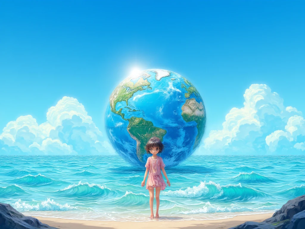 A happy little child on earth,blue-sky,the ocean,higher details,Higher quality。
