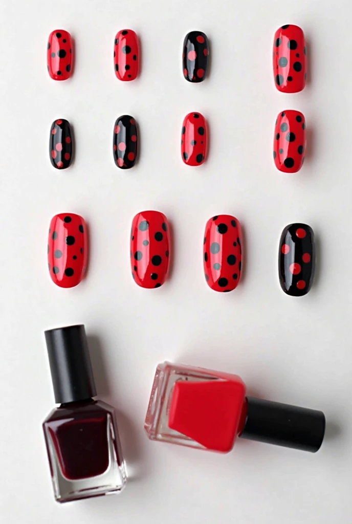 a minimalist manicure with a soft peach creme polish on all nails except the ring fingers. On the ring fingers, paint a single, large, deep red poppy with a slightly textured look and a subtle gradient from a darker center to a lighter edge. For a touch of boldness, add a tiny black dot in the center of each poppy. ((Best Quality, 8k, Masterpiece:1.3))