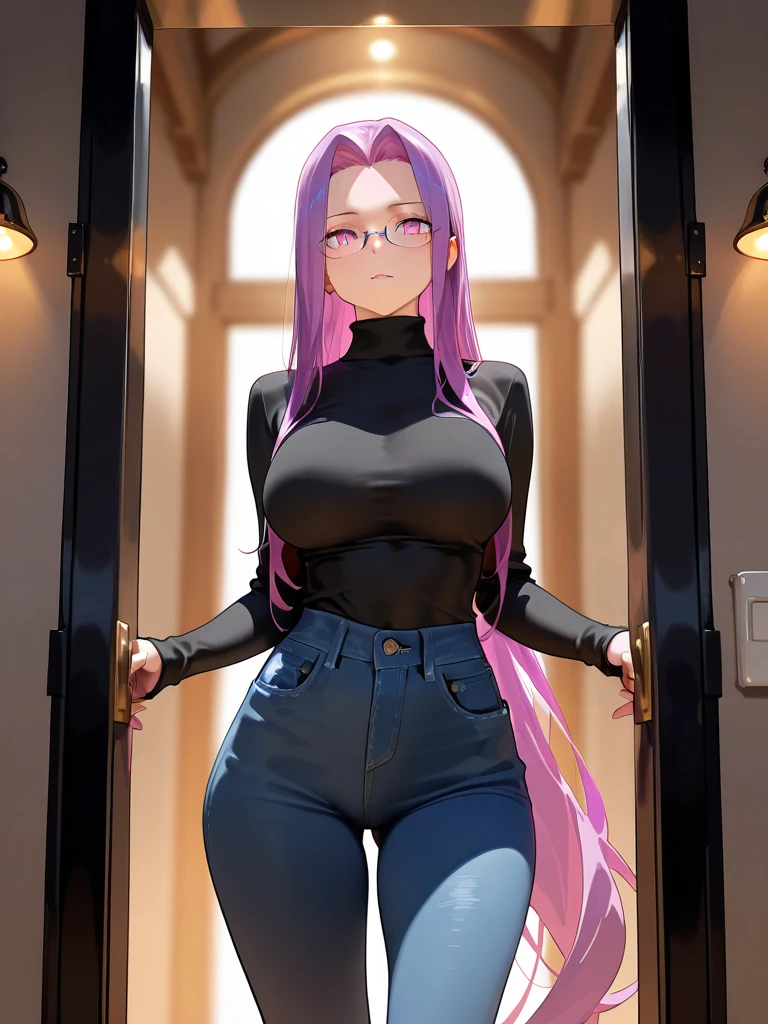 (masterpiece, best quality:1.2),((photoreal)),perfect anatomy,solo, ((1 middle age woman)),Haman_Khan,((looking at viewer:1.4)),horizontal angle,((shoot from front:1.4)),((small soft breasts:1.4)),((soft Piutuary breasts:1.4)),((muscular:2.0),((do not hide your crotch)),((do not show your skin:1.4)),(cod lips),holding head high,((sitting on the chair:1.3)),(leaning back),(spreading legs wide:1.3),detailed hair,sidelocks hair,right pink hair,turtle neck black dress,(satin dress),silk dress,mermaid line dress,((puff sleeves)),long sleeve,juliet sleeves,high heel,((purple shiny rubber leggins)),sharp focus