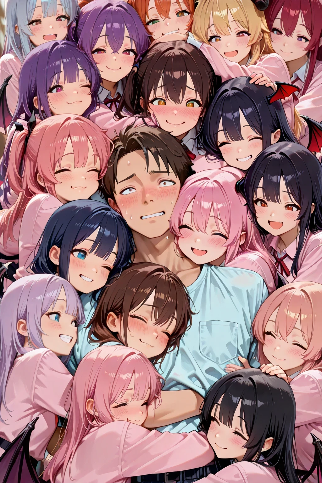 1boy, shirt of chest area, his face, awkward smile, one eye closed, sweat drop, blushing cheeks, overwhelmed expression, group hug, 6+girls, cute tiny demon girls, hugging boy tightly, girl's hand, devil wing on girl's head, each different faces, masterpiece, best quality, high detail, high resolution, detailed face,