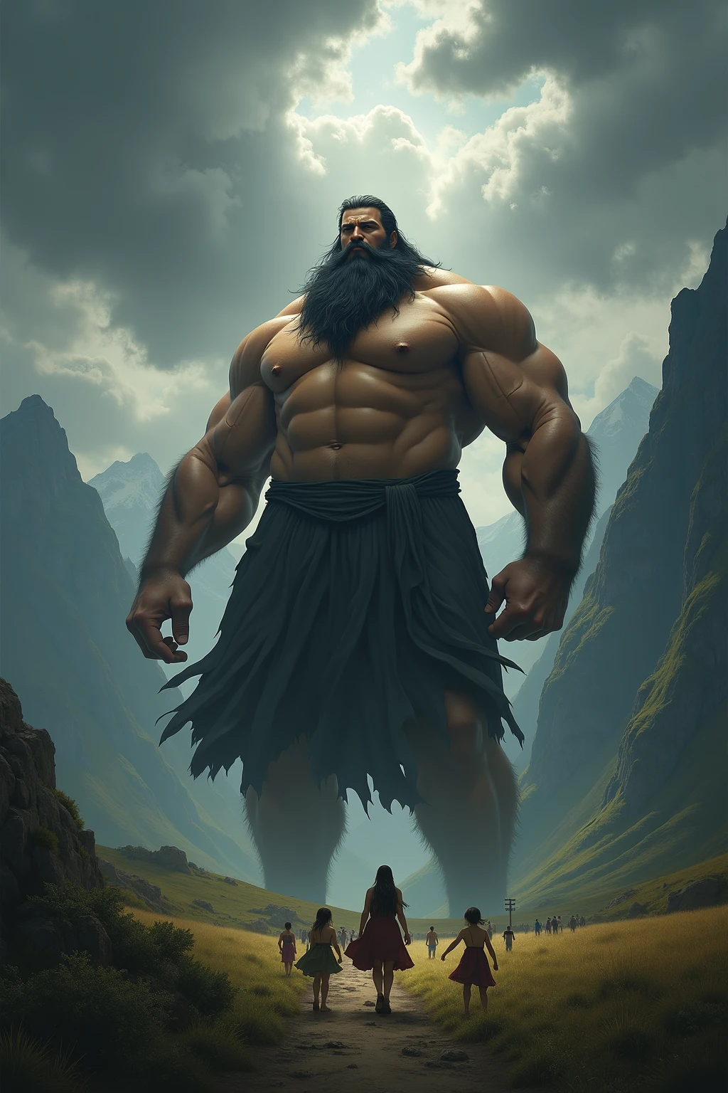 Imagina un Gigante, an imposing and majestic figure of enormous size, much taller than the surrounding trees with long hair, ondulado y de un color oscuro, fluyendo libremente con el viento, con Ojos Brillantes, como si emitieran luz propia, standing out on your face, una Voz atronadora con eco alrededor de su boca y Cuerpo Musculoso y fuerte, mostrando su poder y fuerza bruta. The Giant is in the middle of throwing an indigenous man from the Michu tribe towards the mountain ranges. The indigenous can be seen in the air, with an expression of surprise and fear with a dramatic sky atmosphere, perhaps with dark clouds and lightning in the distance, to accentuate the atmosphere of the legend, dense vegetation, with tall, leafy trees around the Giant. Las cordilleras al fondo, adding depth and geographic context to the scene.