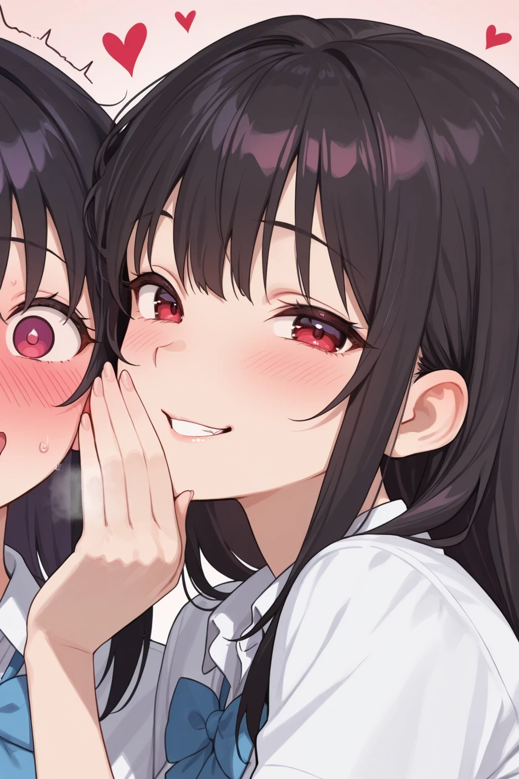 Anime, two school girls, one girl looking at viewer with love struck, flustered expression, the other devilish girl whispering in ear, teasing smile with small devilish expressions, soft background blur, high detail, high resolution, masterpiece, best quality,