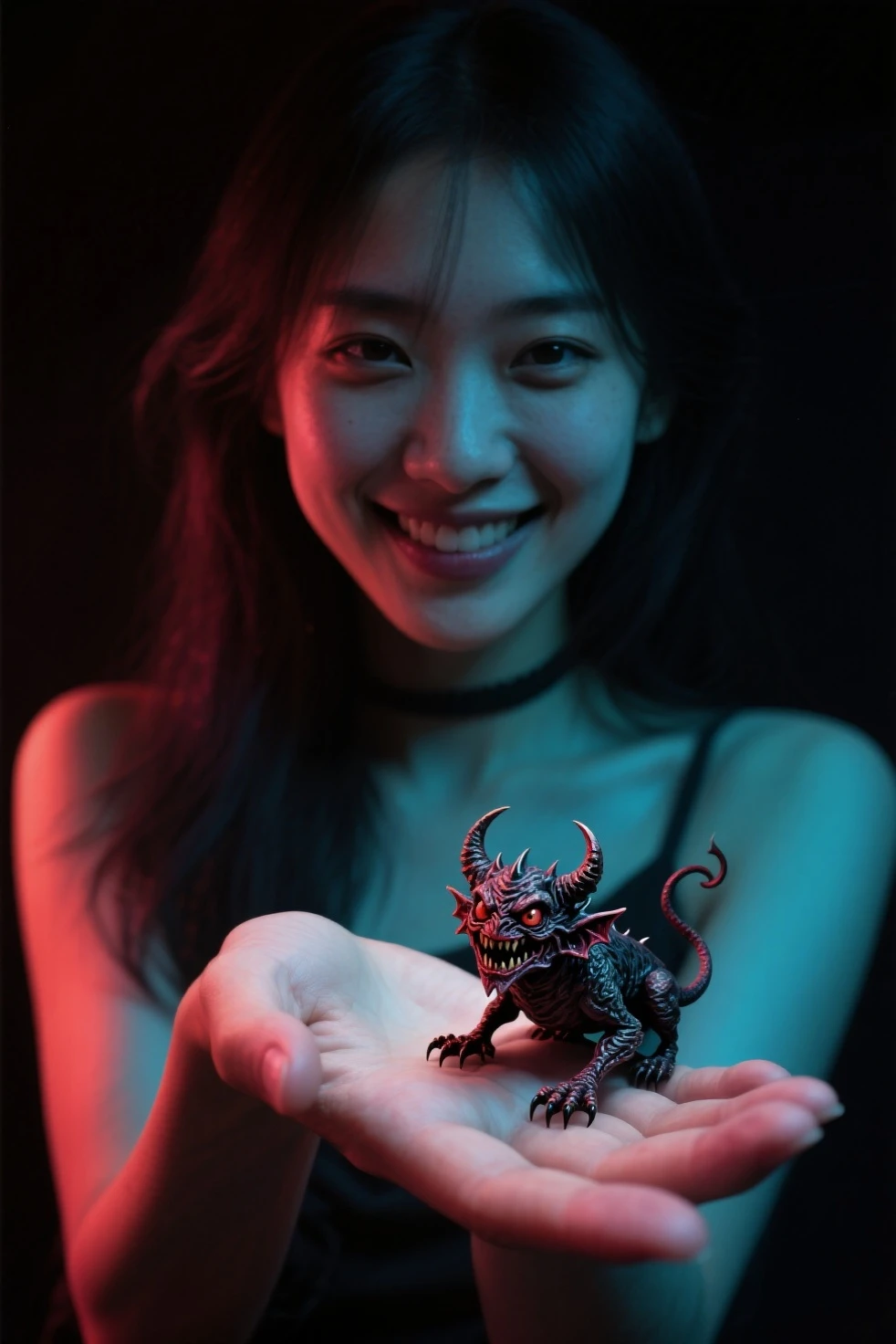 High Definition,realistic,A small devil rests on the palm held out by a young woman,Smiling Woman,Seimitsu,high contrast,shadow,real,dark atmosphere,Grotesque Devil,Dark Fantasy,Masterpiece,8K,Photo shoot,professional,Vivid Color,Deep Hues