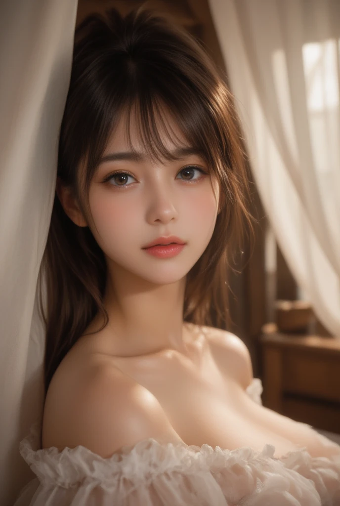 (A hyper-realistic), (illustratio), (hight resolution), (8K), (ighly detailed), (The best illustrationeatiful detailed eyes), (top-quality), (ultra-detailliert), (masterpiece), (detailed face), droopy eyes,full of sweat, full body, whole body, long hair, inner colored,solo, naked body, huge tits, naked tits, smiling, big naked boobs, lying in bed