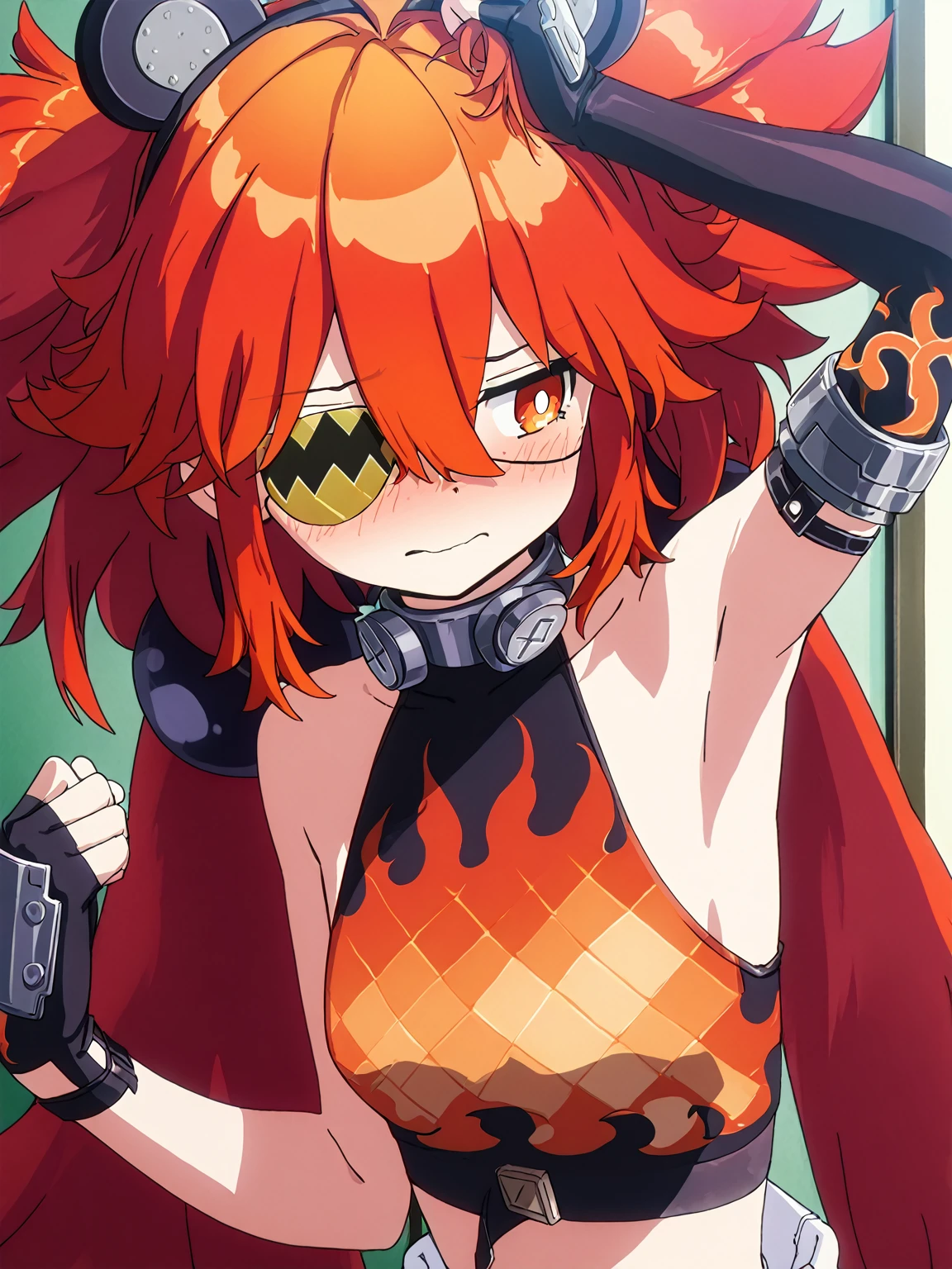 1girl, sarada, koleda belobog, red eyes, bright pupils, long hair, red hair, ahoge, expressive, twintail, low twintail, hair between eyes, messy hair, fake animal ears, bear ears,
fingerless gloves, flame theme, asymmetrical gloves, one hand sleeves, elbow gloves, sleeveless shirt, eyepatch, one eye covered, eyepatch,  midriff,  shoulders, black gloves, flame print, crop top
arms raised, armpits, looking to the right, shy, blushing, fixing hair,
anime screencap, masterpiece, best quality, amazing quality, <lora:koleda-belobog-ponyxl-lora-nochekaiser:1>