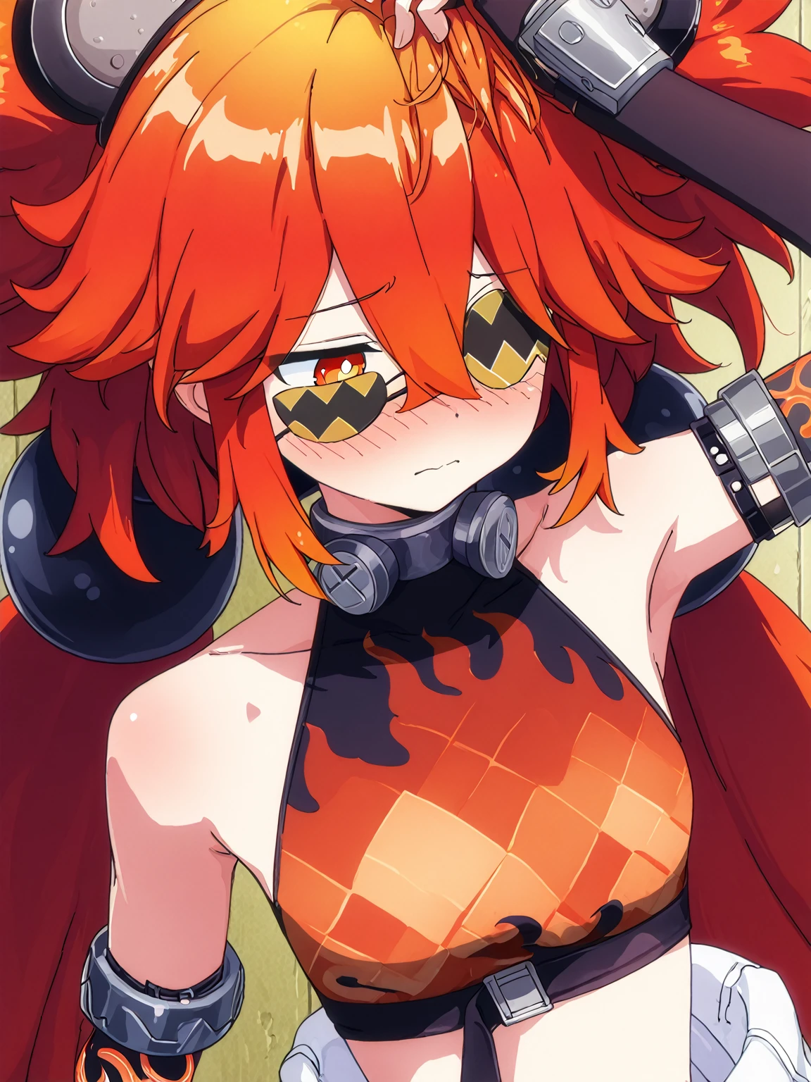 1girl, sarada, koleda belobog, red eyes, bright pupils, long hair, red hair, ahoge, expressive, twintail, low twintail, hair between eyes, messy hair, fake animal ears, bear ears,
fingerless gloves, flame theme, asymmetrical gloves, one hand sleeves, elbow gloves, sleeveless shirt, eyepatch, one eye covered, eyepatch,  midriff,  shoulders, black gloves, flame print, crop top
arms raised, armpits, looking to the right, shy, blushing, fixing hair,
anime screencap, masterpiece, best quality, amazing quality, <lora:koleda-belobog-ponyxl-lora-nochekaiser:1>