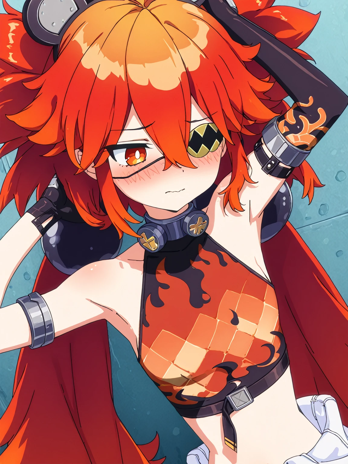 1girl, sarada, koleda belobog, red eyes, bright pupils, long hair, red hair, ahoge, expressive, twintail, low twintail, hair between eyes, messy hair, fake animal ears, bear ears,
fingerless gloves, flame theme, asymmetrical gloves, one hand sleeves, elbow gloves, sleeveless shirt, eyepatch, one eye covered, eyepatch,  midriff,  shoulders, black gloves, flame print, crop top
arms raised, armpits, looking to the right, shy, blushing, fixing hair,
anime screencap, masterpiece, best quality, amazing quality, <lora:koleda-belobog-ponyxl-lora-nochekaiser:1>