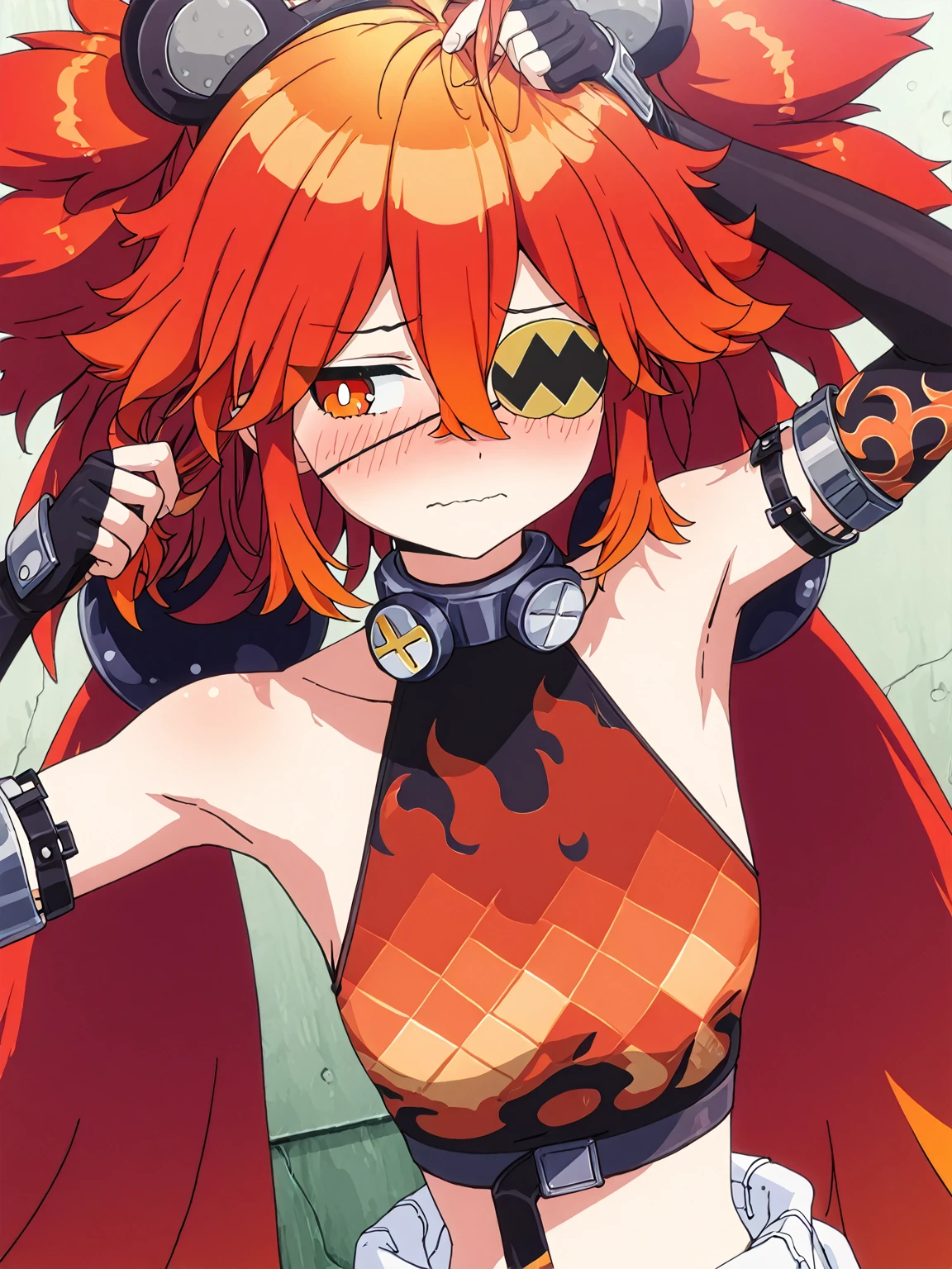 1girl, sarada, koleda belobog, red eyes, bright pupils, long hair, red hair, ahoge, expressive, twintail, low twintail, hair between eyes, messy hair, fake animal ears, bear ears,
fingerless gloves, flame theme, asymmetrical gloves, one hand sleeves, elbow gloves, sleeveless shirt, eyepatch, one eye covered, eyepatch,  midriff,  shoulders, black gloves, flame print, crop top
arms raised, armpits, looking to the right, shy, blushing, fixing hair,
anime screencap, masterpiece, best quality, amazing quality, <lora:koleda-belobog-ponyxl-lora-nochekaiser:1>