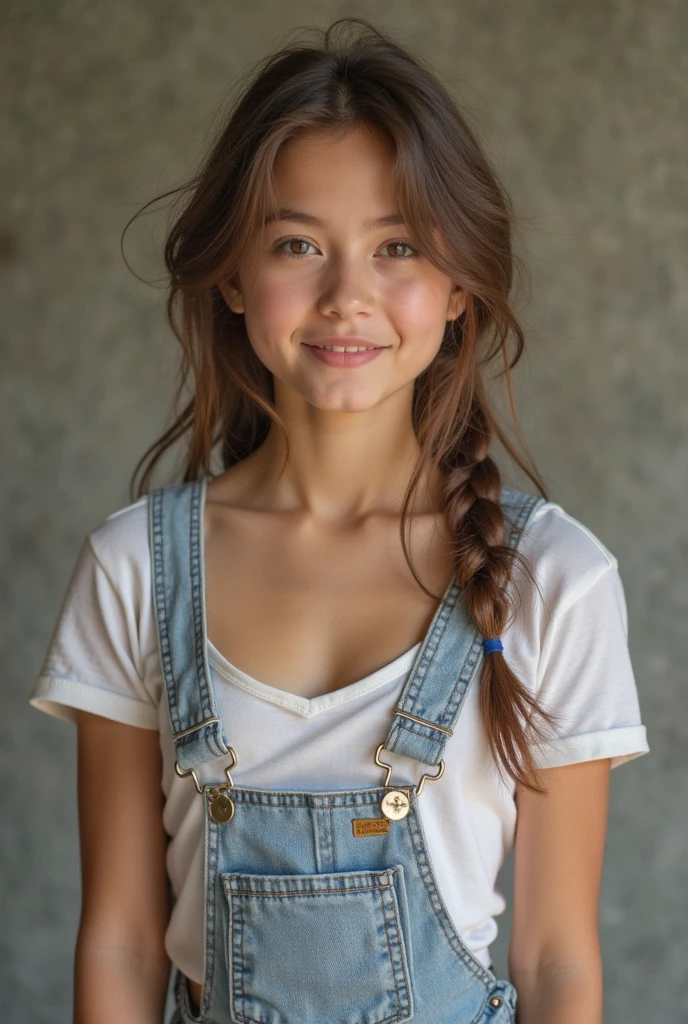 1 Woman, denim overall, cartoon character on bib, lolipop, playground, blonde hair in pig tails, red bow, winks, mentaly handicaped, cowboy shot