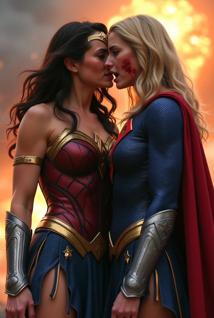 (((From extreme close-up a beautiful black-haired woman under the cloak of the Amazon warrior Wonder Woman screaming with the blonde Kara zor-El alias Supergirl in her arms crying her death a lot of blood around her bloody and terrifying images Supergirl blue suit red skirt Superman emblem or shield on her suit with many wounds and blood dying slowly,(((Images without any deformity in their limbs)))a beautiful blonde haired woman under the mantle of the Kryptonian Kara zor-El aka Supergirl blue suit and red skirt)))