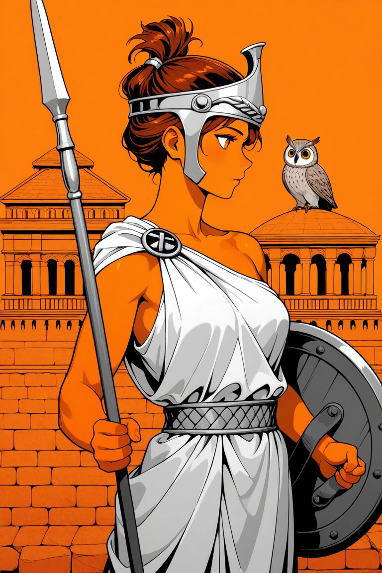 Nipple plate, greek_athena, animal on shoulder, Armor TOga, covering, brown hair, bird, Brown hair