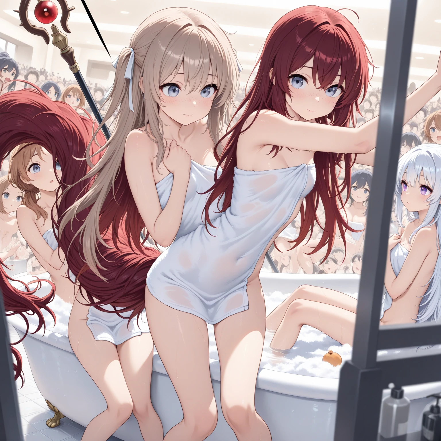 2girls, mythra \(xenoblade\), pyra \(xenoblade\),xenoblade chronicles \(series\), (xenoblade chronicles 2), standing, short hair, red hair, red eyes, long hair, blonde hair, golden eyes, naked, completely naked, sweating, blushing, shower,<lora:mythra_pyra_pneuma-000050:0.4>, ((masterpiece)), (best quality), 8k, ultra-detailed, absurdress