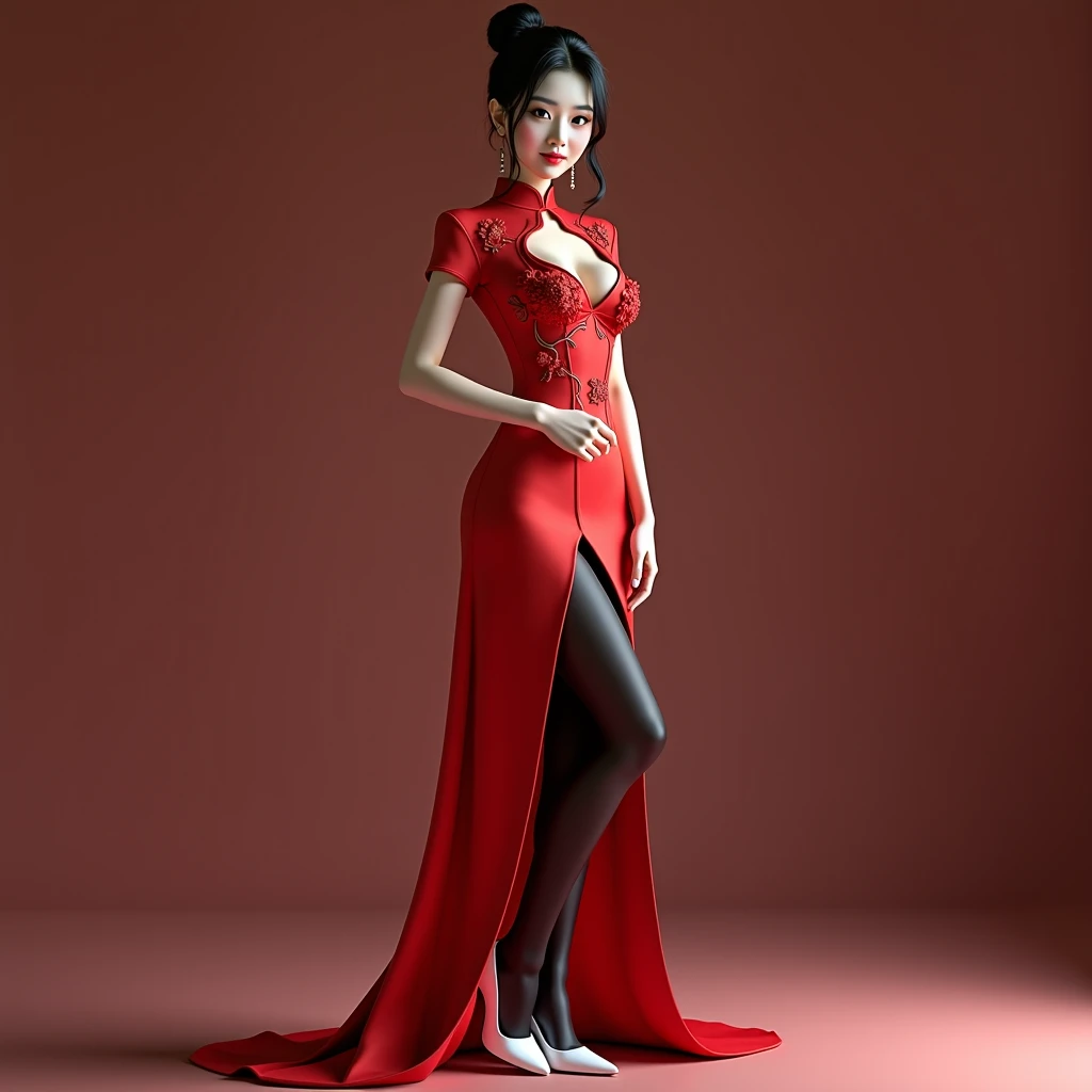 Young woman Tifa, long black hair, wearing red split dress, back facing front, back facing forward, back hand, long legs, thin legs, face smile, thin waist, masterpiece, best quality, 8k wallpaper, very detailed, red high heels, perfect shadow, masterpiece, very detailed, super high resolution, very clear facial features, red long skirt, skirt split and back facing forward