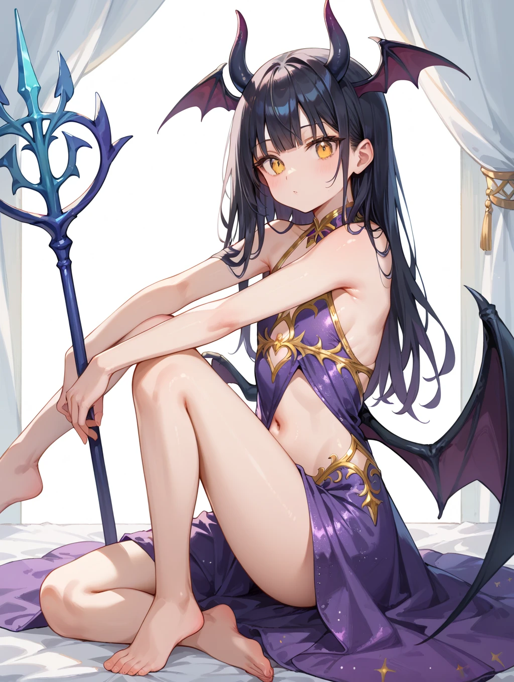 Highest quality Highest quality Draw a face carefully High-definition anime-style face Super Glowing Skin Long black hair Brown leotard Golden pantyhose Succubus lure smile Show the soles of your feet Close up of the soles of the feet