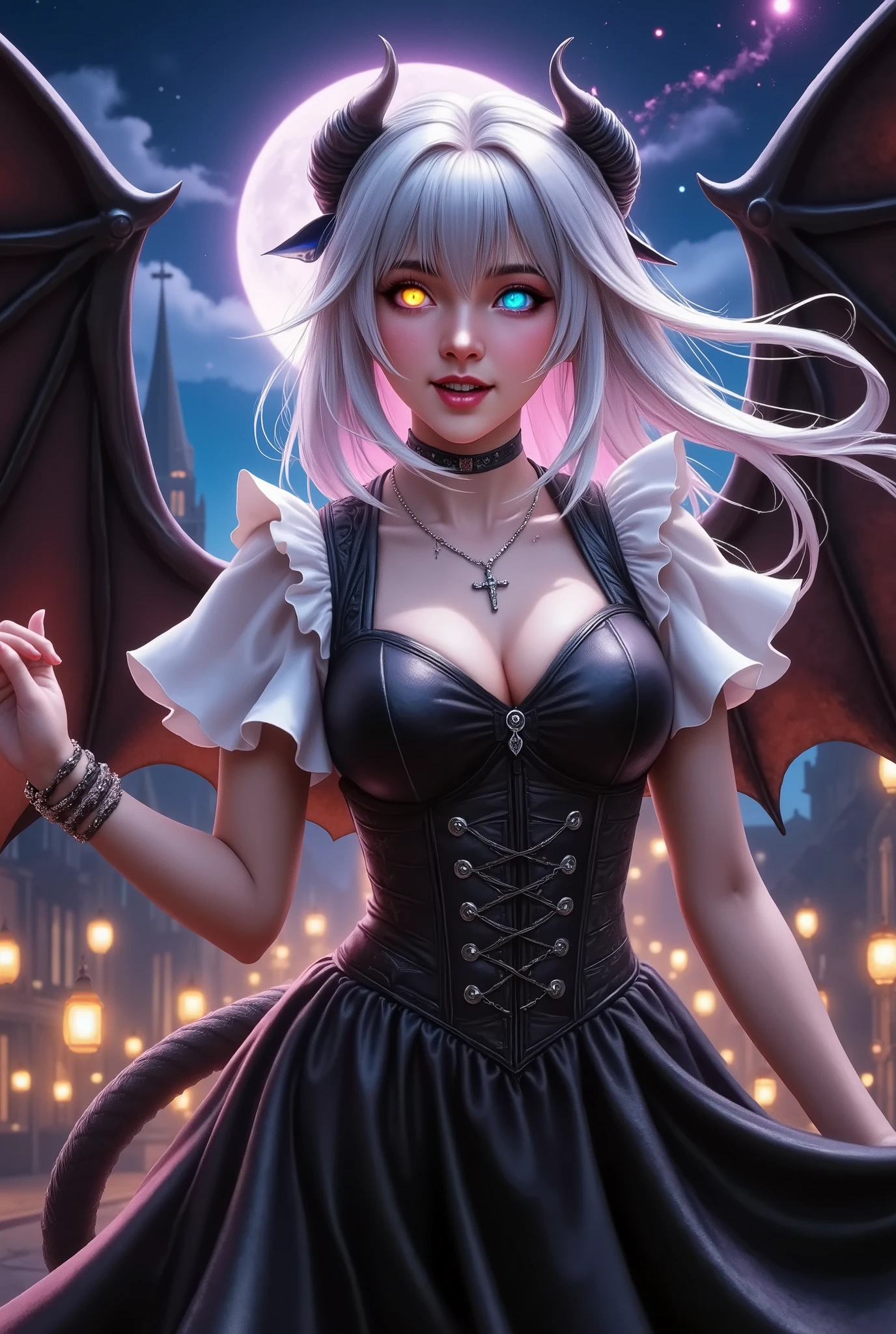 Illumination art,threatening low-angle perspective, demonic anime girl towering above viewer, wide evil smile with prominent fangs, dual-colored eyes gleaming with supernatural light, flowing white hair catching wind, enormous bat-like wings creating dark silhouette against sky, demon tail swishing threateningly, black Gothic dress with dramatic movement, detailed corset and ruffles, cross necklace catching moonlight, imposing Gothic architecture behind, foreboding night atmosphere, horror aesthetic