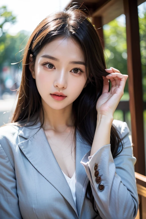 ((best quality)), ((masterpiece:1.3)), (detailed), (Photorealsitic:1.4), (golden ratio face) , (named YUNA_LEE), ((Double Eyelids)), (korean), (Slender girl), 1 girl, korean, kpop, 21 years old, long black straight hair, (symmetrical) (hazel) eyes, pale detailed skin with pores, skinny and athletic boddy, 38B bra size, Slender Abs: 1.2, Narrow waist, Masterpiece, Top Quality, 8k, UHD. (BREAK). Looking at the viewer, close portrait, Bokeh, white blouse and navy ((blue blazer)).