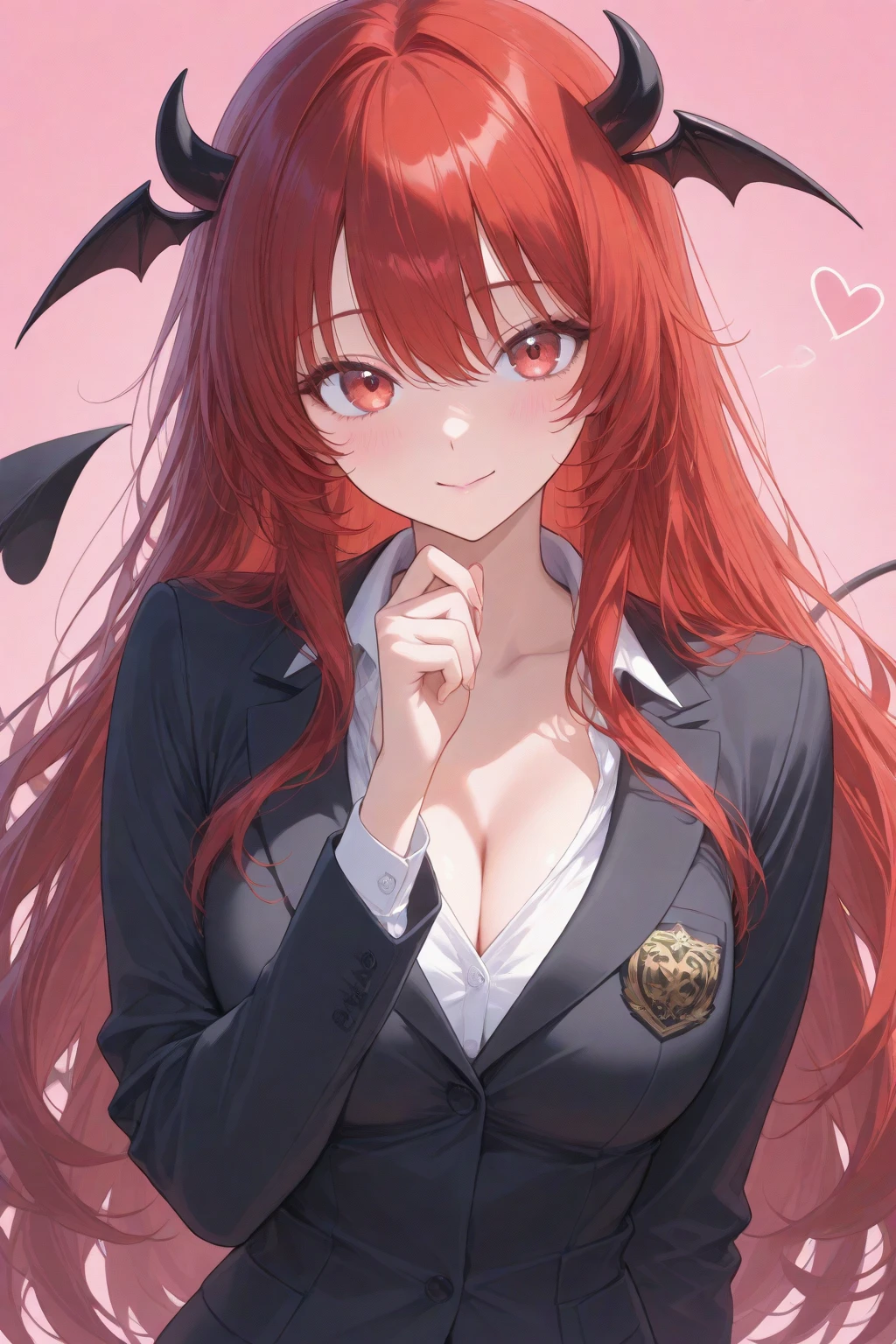 (kind_smile,biting own lip,red lips),epic-Ultra-HD-details, epic-Ultra-HD-highlights, anime-upscaled-resolution,(realistic, photo-realistic:1.37), precise and realistic hair:1.1), beautiful detailed eyes, extremely detailed eyes and face, awardwinning, amazing details, super detail, best quality, 1080P, 8k, masterpiece（fullbody shot：3.0）, 1girl, asymmetrical bangs, Topless, (Exquisite business suit:1.5), glowing red hair,(short bobcut),(back side long single ponytails),(long single ponytail wafts to the chest),necktie between breasts, midlle breasts, Glowing, eyes, (bone devil horns:1.5), eye shadow, Eyeliner, devil tail, Black Halo, tattoo on breasts, hair strand, (((detail bones)))